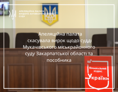 Апеляційна палата скасувала вирок щодо судді Мукачівського міськрайонного суду Закарпатської області та пособника