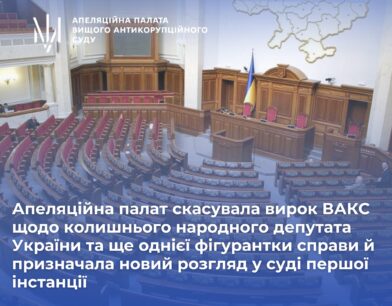 Апеляційна палат скасувала вирок ВАКС щодо колишнього народного депутата України та ще однієї фігурантки справи й призначала новий розгляд у суді першої інстанції